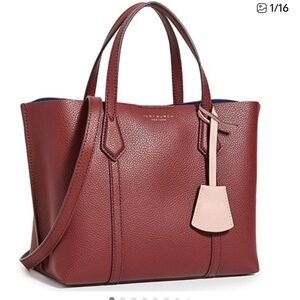 Tory Burch burgundy pebbled leather tote with pale pink tag